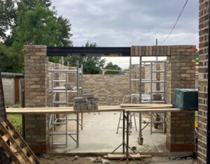 Steel lintel in place over the garage door 